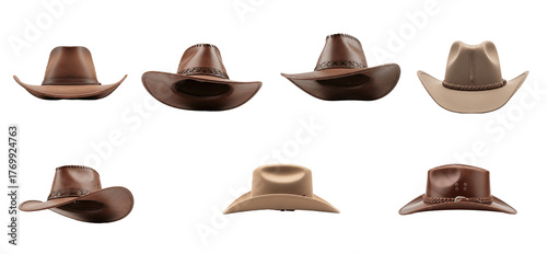 Cuadro en lienzo Collection of classic cowboy hats shown from multiple angles, featuring front, s
