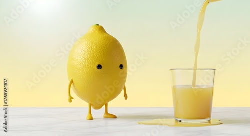 A surreal anthropomorphic lemon with small yellow legs pouring bright lemon juice into a glass on a marble surface with a pastel yellow background, representing freshness, simplicity, and creative ima
