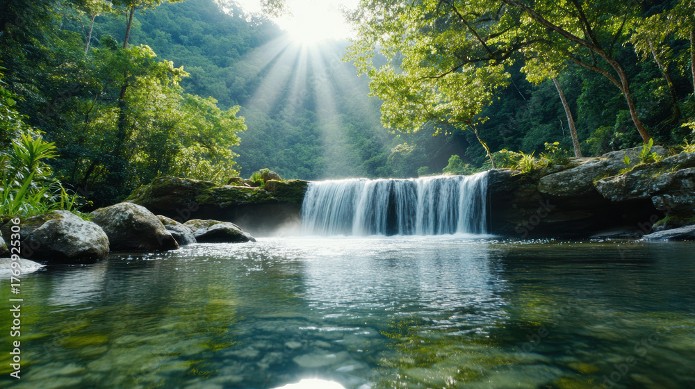 Obraz premium Lush forest surrounds serene waterfall, sunlight beams through trees, creating tranquil