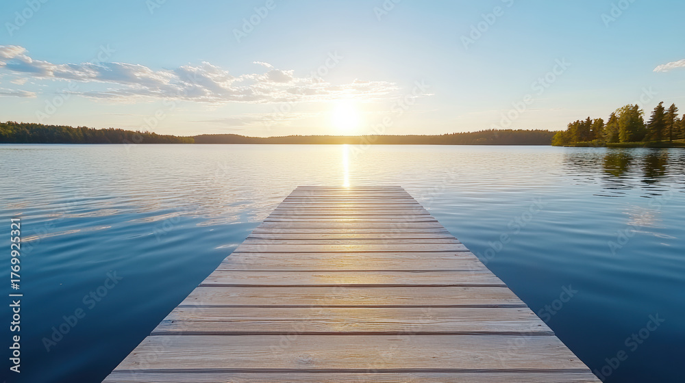 Naklejka premium Serene wooden pier extends over calm lake, reflecting soft sunrise