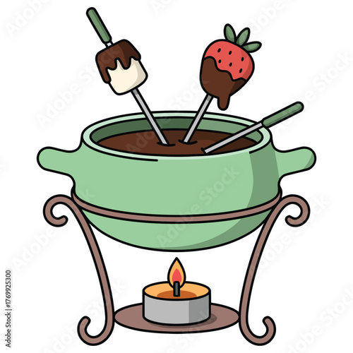 Cozy candlelit chocolate fondue pot with strawberry and marshmallow treats