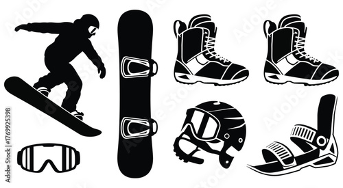 Striking Flat Illustrations of Snowboarding Gear and Winter Sports Equipment Silhouettes