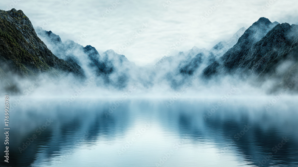 Fototapeta premium Misty mountains reflect in calm water, creating serene and tranquil atmosphere