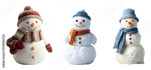 snowman figurines isolated on white background, christmas winter decoration cut out transparent png