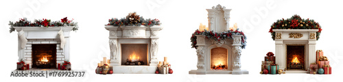 christmas fireplace decorated with garland isolated on white background, holiday interior cut out transparent png
