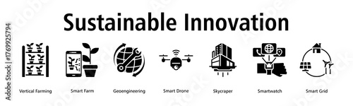 Sustainable Innovation banner web icon vector illustration concept with icon of vertical farming, smart farm, geoengineering, smart drone, skyscraper, smartwatch, smart grid