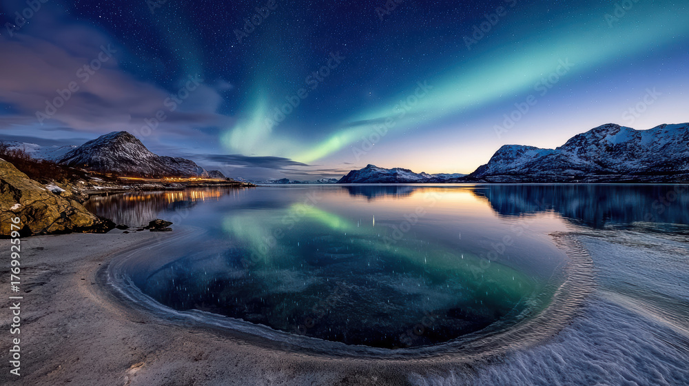Naklejka premium Majestic aurora borealis illuminates tranquil lake, reflecting vibrant colors in night sky