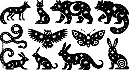 A captivating collection of celestial animal silhouettes, including foxes, bears, snakes, owls, butterflies, and rabbits, are adorned with stars and crescent moons.
