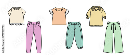 パステルカラーの可愛い服のイラスト　トップスとパンツのファッションセット