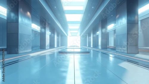 Futuristic architectural design with a bright illuminated corridor.