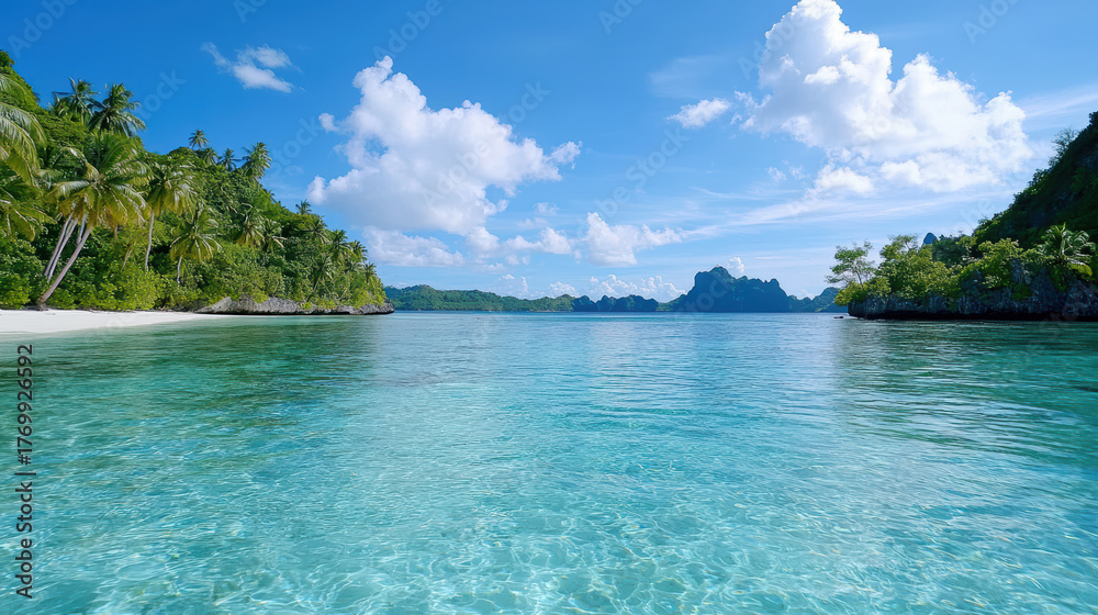 Fototapeta premium Crystal clear water, tropical island, lush greenery, serene landscape, and bright blue sky