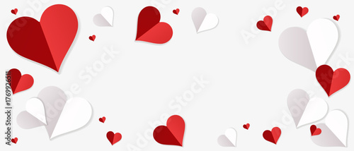 White background with red and white paper hearts on the edges. Perfect for postcards, banners, backgrounds, and templates for social media, printing, and web design. Vector, minimalism.
