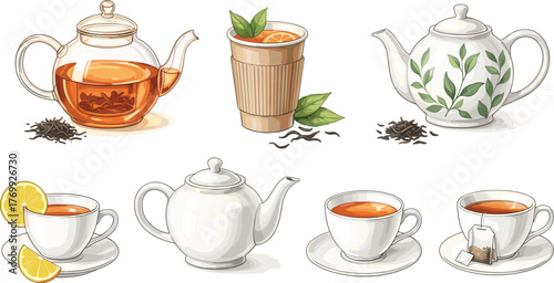 Tea cups and teapots illustration with lemon and herbs, hot tea in mug and kettle, cozy beverage design collection