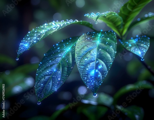 Water drops on a green leaf in rainforest. 