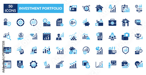 Investment Portfolio Dual Tone Icon Set. Portfolio Folder, Asset Allocation, Diversified Assets, Investment Chart, Stock Portfolio, Risk Balance, Bond Investment