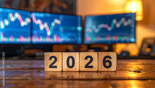 Wooden blocks displaying the year 2026 sit on a wooden surface in front of multiple computer monitors showing fluctuating stock market charts and graphs.