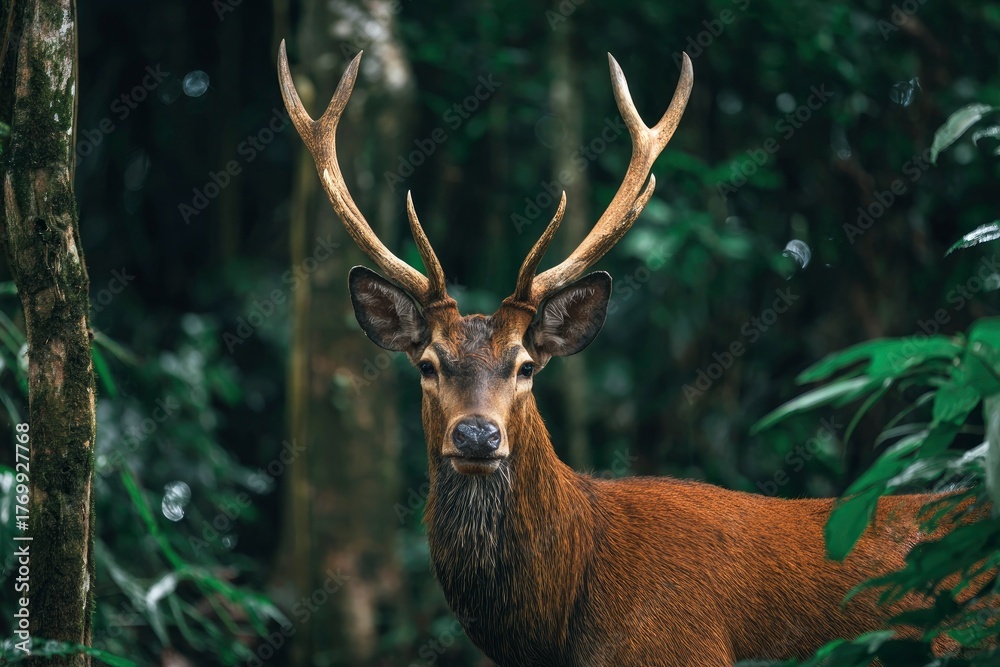 Fototapeta premium A magnificent stag with impressive multi-branched antlers stands alert amidst the verdant, deep green foliage of a dense forest. Its reddish-brown fur contrasts beautifully with the lush, out-of-focus