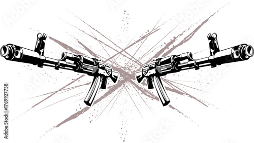 illustration of two Kalashnikov assault rifles in the form of a tattoo on an abstract background