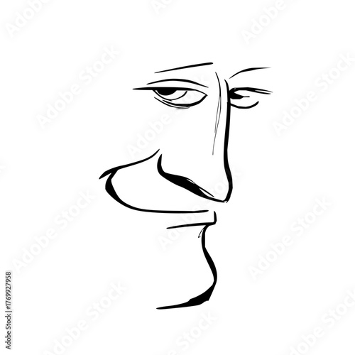 Stylized face drawing of a man with a large nose and a slight smirk in black and white line art