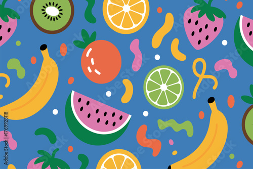 A vibrant and playful seamless pattern bursts with colorful fruits like bananas, strawberries, watermelons, oranges, and limes, scattered amongst abstract shapes on a bright blue background. 