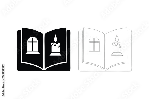 Religious open book with candle and cross vector illustration