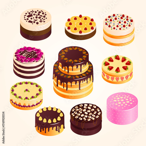Isometric Sweet Dessert Cake Illustration Collection of Various Flavors and Toppings