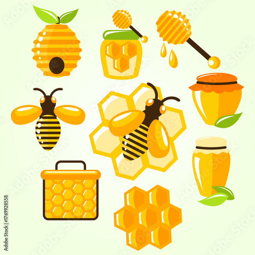 Flat Design Honey and Bee Related Icons Collection Element Graphic