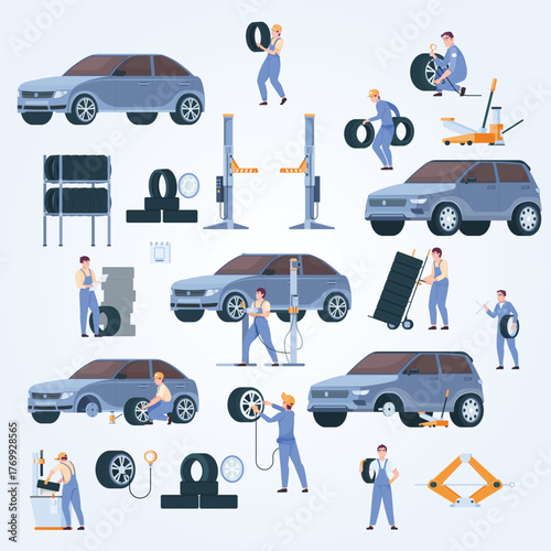 Flat Design Various Vehicle Tire Repair Service and Mechanic Activity Illustration