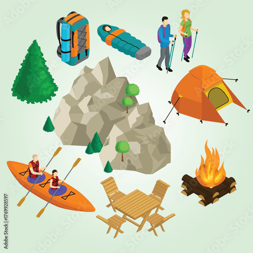 Isometric Colorful Camping and Outdoor Activities Detailed Elements Illustration Set