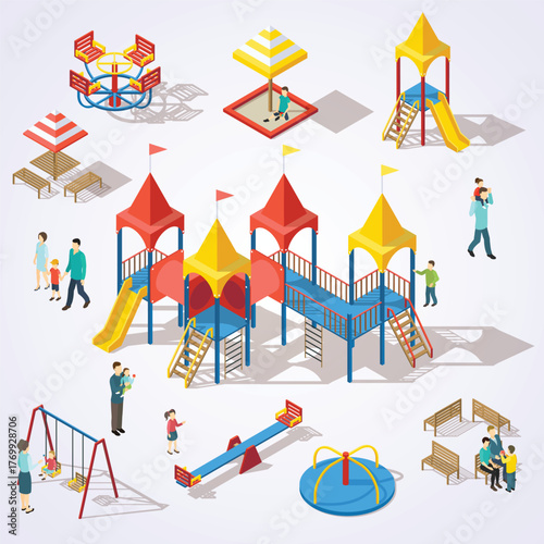 Isometric Colorful Playground with Various Equipment and Happy People Illustration
