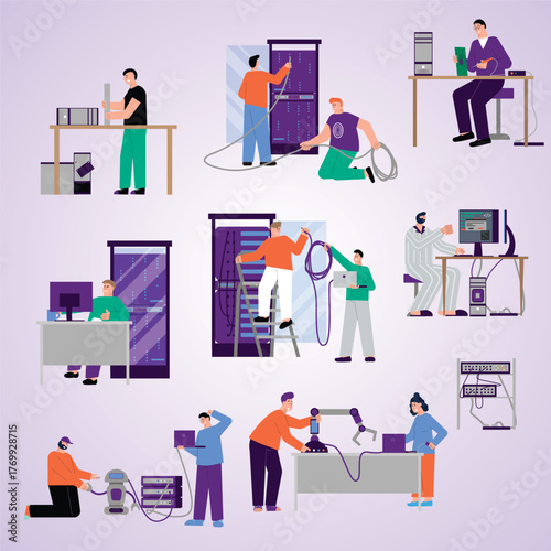 Flat Illustration of Information Technology Specialist Maintaining Server Rack Room