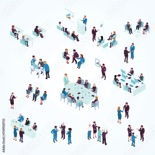 Isometric Style Business Meeting People in Office and Presentation Illustration