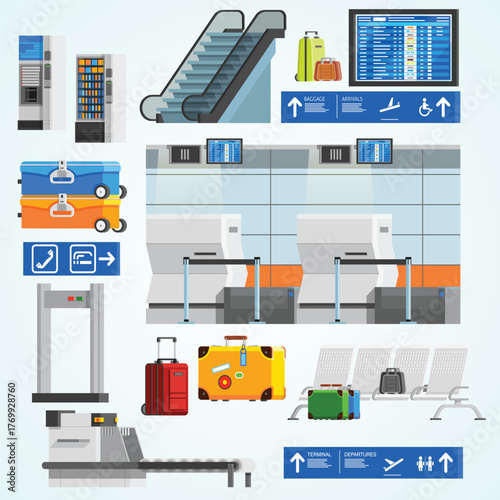 Flat Design Airport Element Illustration Collection Featuring Signage and Luggage