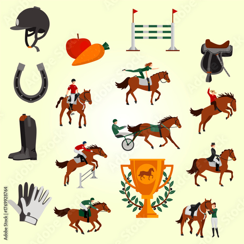 Flat Design Horseback Riding Equestrian Sport Activity and Competition Icon Set