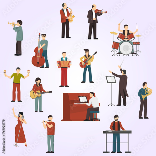 Flat Style Diverse Musical Instrument Player Character Collection Illustration