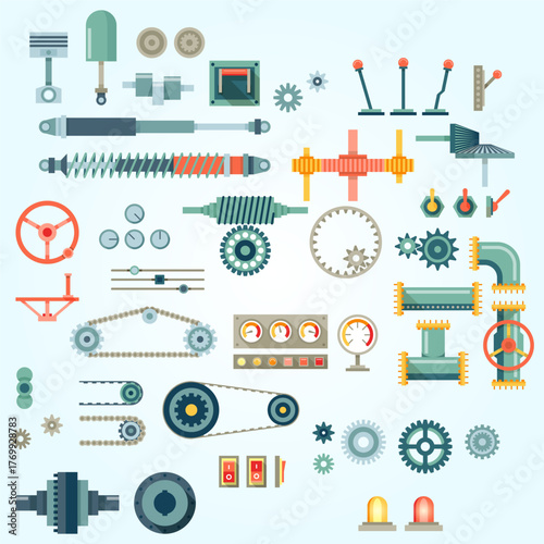 Flat Design Mechanical Parts and Components Industrial Elements Illustration