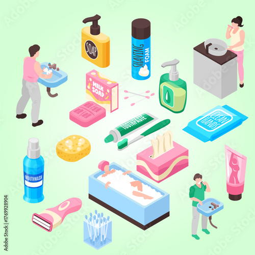 Isometric Bathroom Accessories and Personal Hygiene Products Illustration with People
