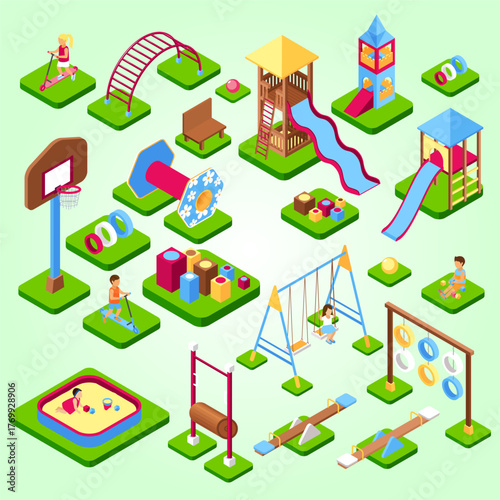 Isometric Colorful Playground Equipment with Kids Playing Fun Activity Set