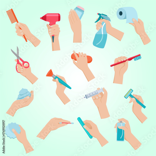 Flat Illustration Hand Holding Different Hygiene and Cosmetic Item Collection