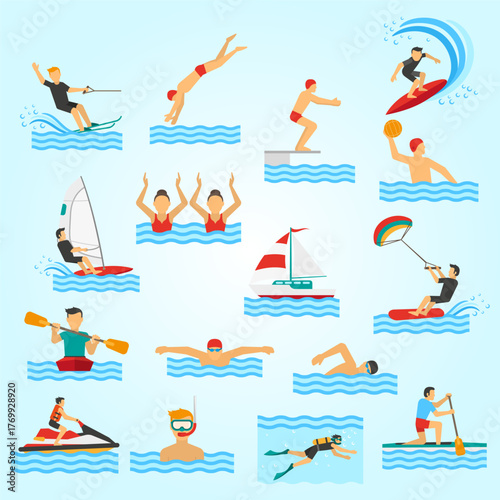 Flat Style Aquatic Sport Activity People in Water Illustration Collection