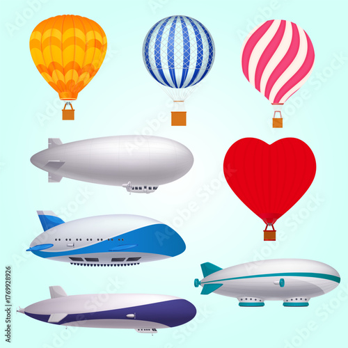 Colorful Cartoon Style Hot Air Balloons and Zeppelins Transportation Set