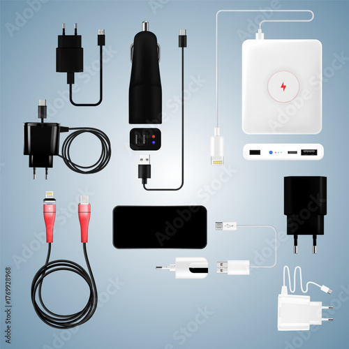 Realistic Detailed Variety of Charger Adapter and Powerbank Electronic Devices