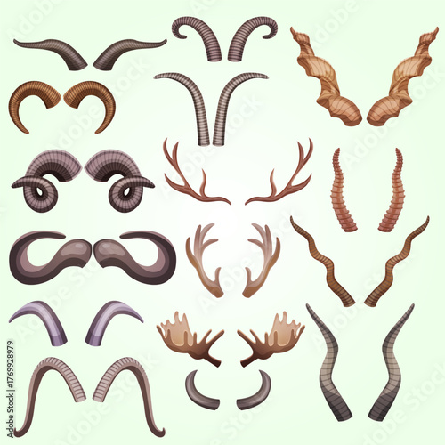 Cartoon Style Assorted Animal Horns Set Collection Wildlife Creature Element