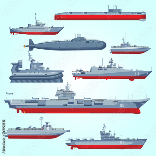 Flat Style Detailed Military Vessels Collection Illustration on a Green Background