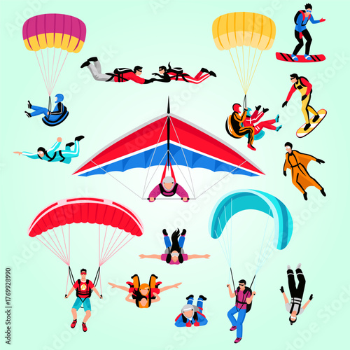 Flat Colorful Extreme Sport Athletes Set of Skydiving Hang Gliding