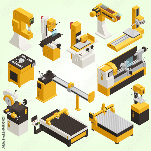 Isometric Industrial Machinery Equipment Manufacturing Machine Tool Set Illustration