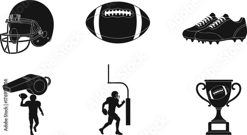 American football silhouette icons, helmet, ball, cleats, whistle, player action, training dummy, trophy, sport equipment, competition, victory, teamwork, game