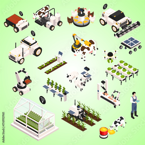 Isometric Smart Farm Automation And Robots Technology On Green Background