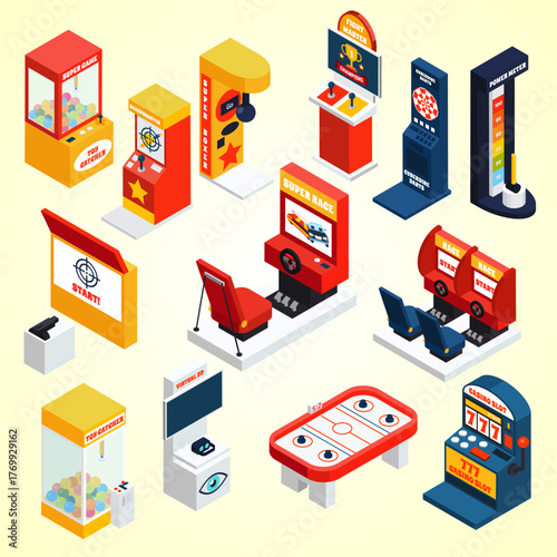 Isometric Various Arcade Game Machines Entertainment Icon Set Illustration