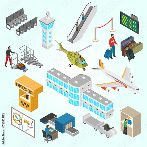 Isometric Detailed Airport Transportation Scene with Passenger and Luggage Elements